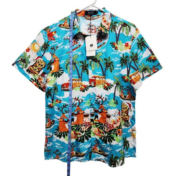 Mens Hawaiian Shirt Santa Reindeer  Short Sleeve Blue Tropical Design Size L - Picture 6 of 8